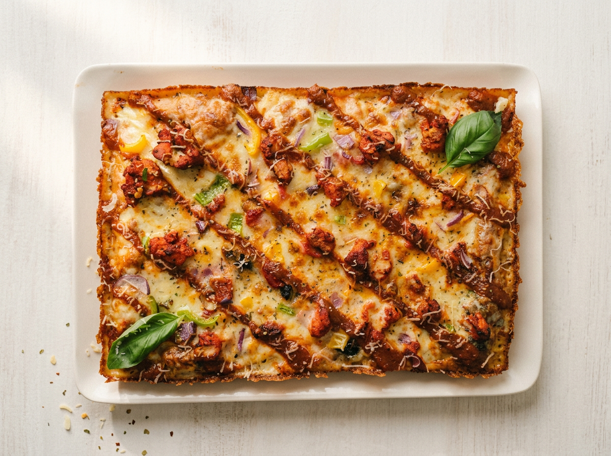 A full Fricos Detroit-style pizza photographed in natural studio light